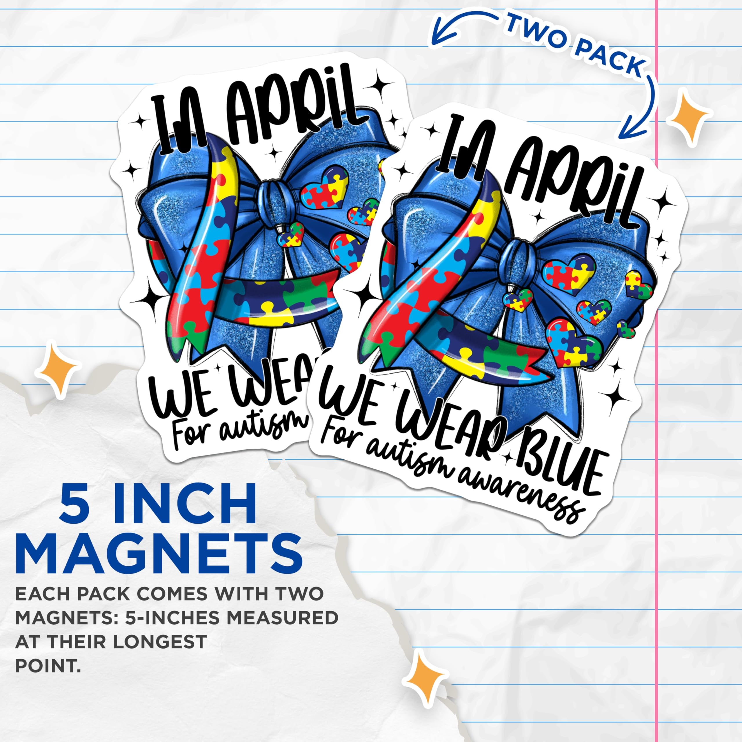 (2 Pack) Autism Awareness Magnets - in April We Wear Blue Design - Puzzle Ribbon Hearts - Support Advocate Decor - 5 Inches On Longest Side - Thick Durable Magnet - Made in USA - MAG25689