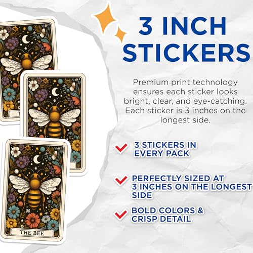 (3 Pack) Honey Bee Decals - Floral Stickers - Moon and Stars Decals - 3 Inches On Longest Side - Easy Peel & Apply - Made in USA - 3MCS4122