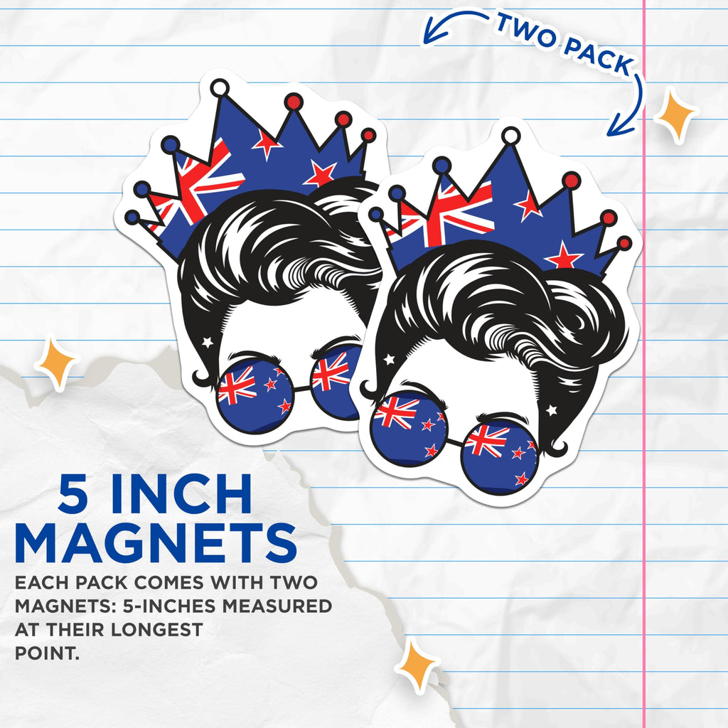 (2 Pack) New Zealand Flag Magnets - Messy Bun Kiwi Pride - National Symbol Fridge Magnets - 5" On Longest Side - Premium Magnet - for Cars, Refrigerators, Toolboxes, Lockers - Made in USA - MAG18804