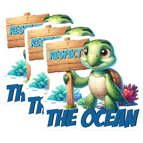 (3 Pack) Respect The Ocean Decals - Cute Turtle Decal - Sea Life Decal - 3 Inches On Longest Side - Easy Peel & Apply - Made in USA - 3MCS6720