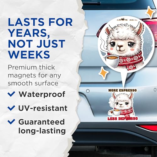 (2 Pack) More Espresso Less Depresso Magnets - Cute Alpaca Coffee - Fun Coffee Quote - Cute Animal - 5" On Longest Side - for Fridges, Toolboxes, Cars - Made in USA - MAG2780