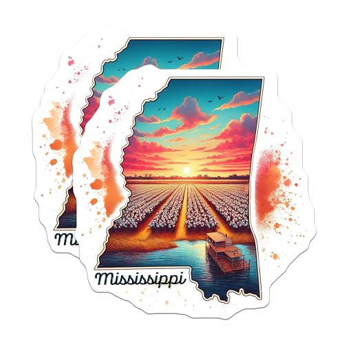 (2 Pack) Mississippi State Map Stickers - Sunset Landscape Stickers - Graphic Art Stickers - 5" On Longest Side - Sticks to Smooth Flat Surfaces - Made in USA - BMCS5171