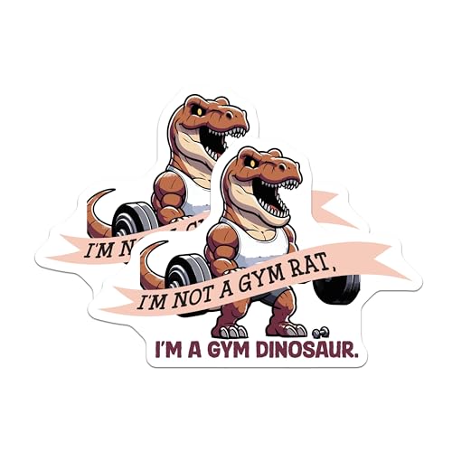 (2 Pack) Funny Dino Gym Stickers - Bodybuilding Dinosaur Sticker - Workout Motivation Decal - 5" On Longest Side - Sticks to Smooth Flat Surfaces - Made in USA - BMCS5959