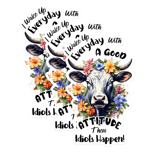 (3 Pack) Attitude Cow Decals - Floral Cow Decal - Funny Cow Laptop Decals - 3 Inches On Longest Side - Easy Peel & Apply - Made in USA - 3MCS1708