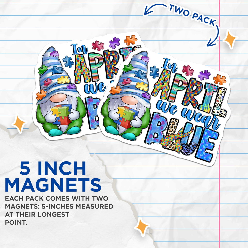 (2 Pack) Autism Awareness Magnets - Gnome Puzzle Ribbon - April We Wear Blue - 5 Inches On Longest Side - Thick Durable Magnet - Made in USA - MAG27157