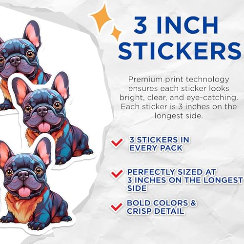 (3 Pack) French Bulldog Decals - Cute Dog Stickers - Laptop Water Bottle Decal - 3 Inches On Longest Side - Easy Peel & Apply - Made in USA - 3MCS2715