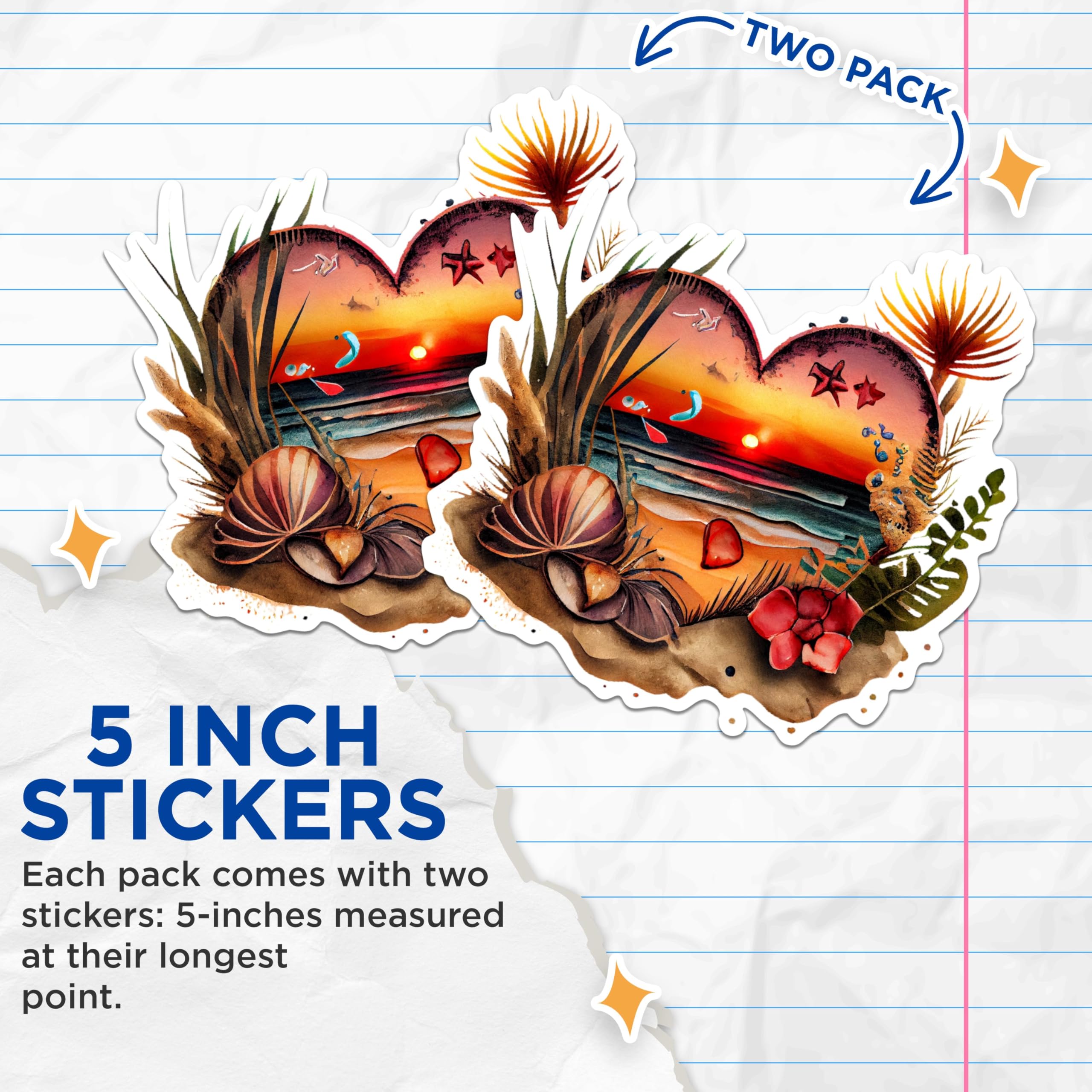 (2 Pack) Heart Beach Sunset Stickers - Ocean Scene Art Stickers - Tropical Coastal Nature Stickers - 5" On Longest Side - Sticks to Any Smooth Flat Surface - Made in USA - BMCS2852