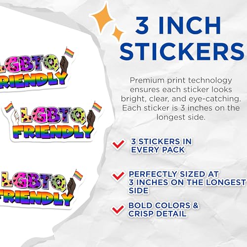 (3 Pack) LGBTQ Friendly Decals - Pride Rainbow - Inclusion Stickers - 3 Inches On Longest Side - Easy Peel & Apply - Made in USA - 3MCS7045