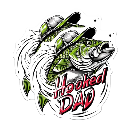 (2 Pack) Hooked Dad Stickers - Fishing Stickers - Outdoor Adventure Stickers - 5" On Longest Side - Sticks to Any Smooth Flat Surface - Made in USA - BMCS3490