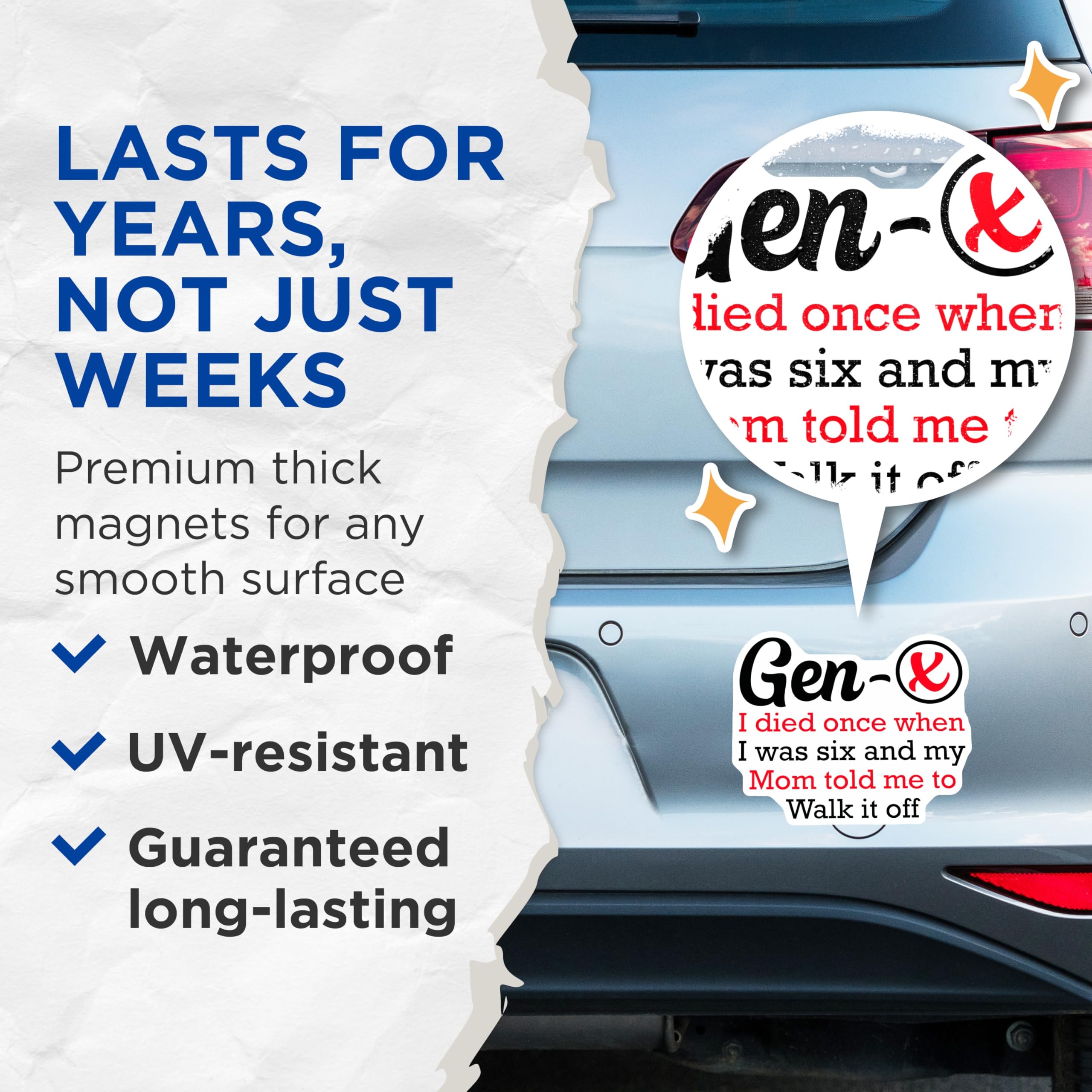 (2 Pack) Gen X Magnets - Funny Childhood Memories - Mom Told Me to Walk It Off - Sarcastic Humor Generation X - 5 Inches On Longest Side - Thick Durable Magnet - Made in USA - MAG21643