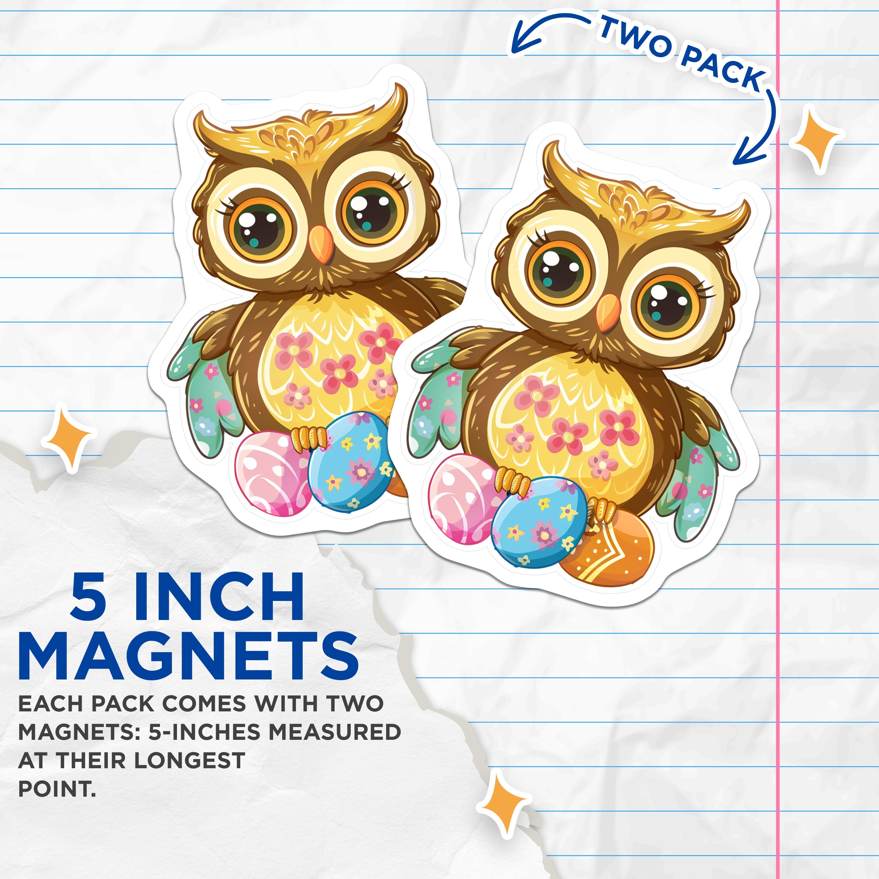 (2 Pack) Cute Easter Owl Magnets - Spring Refrigerator Decor - Kawaii Animal Kitchen Accents - 5 Inches On Longest Side - Thick Durable Magnet - Made in USA - MAG38051