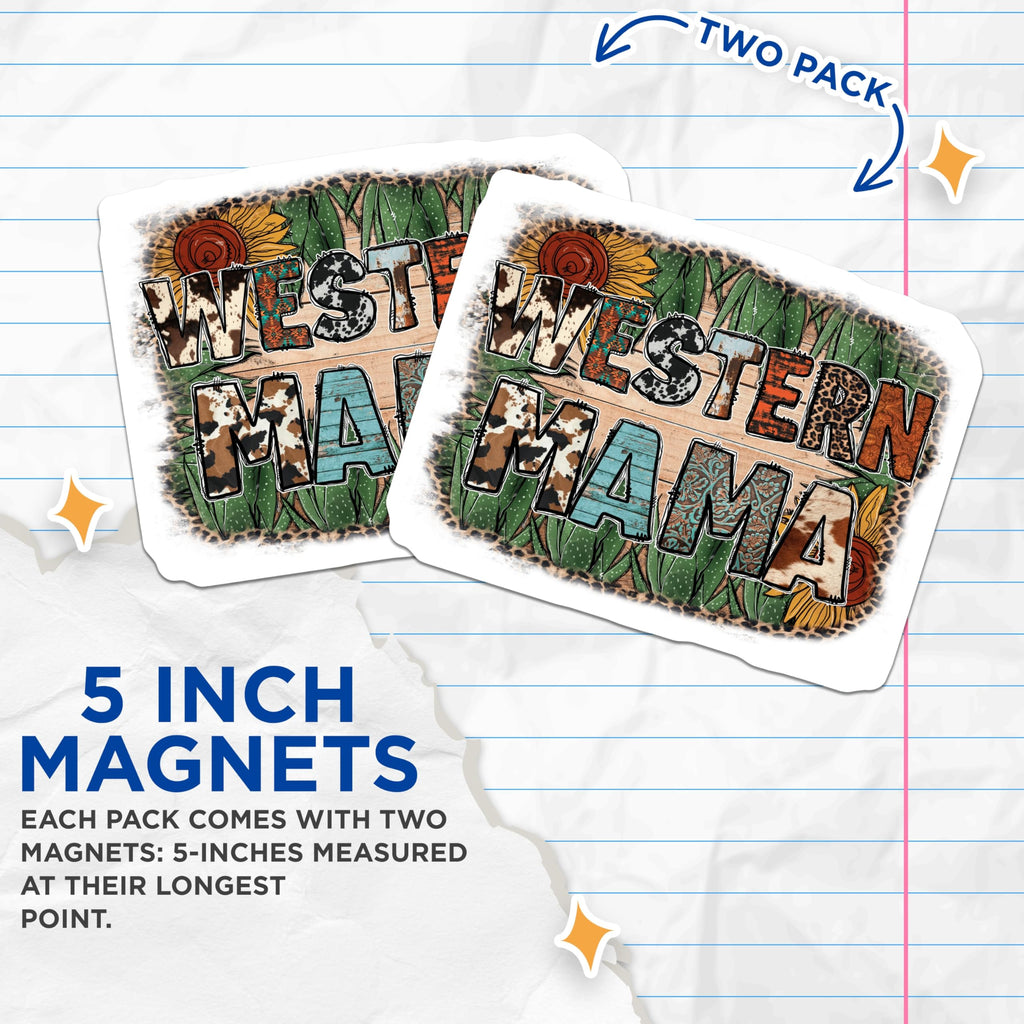 (2 Pack) Western Mama Magnets - Cowgirl Boho Decor - Sunflower Cactus Leopard Print - 5 Inches On Longest Side - Thick Durable Magnet - Made in USA - MAG23670