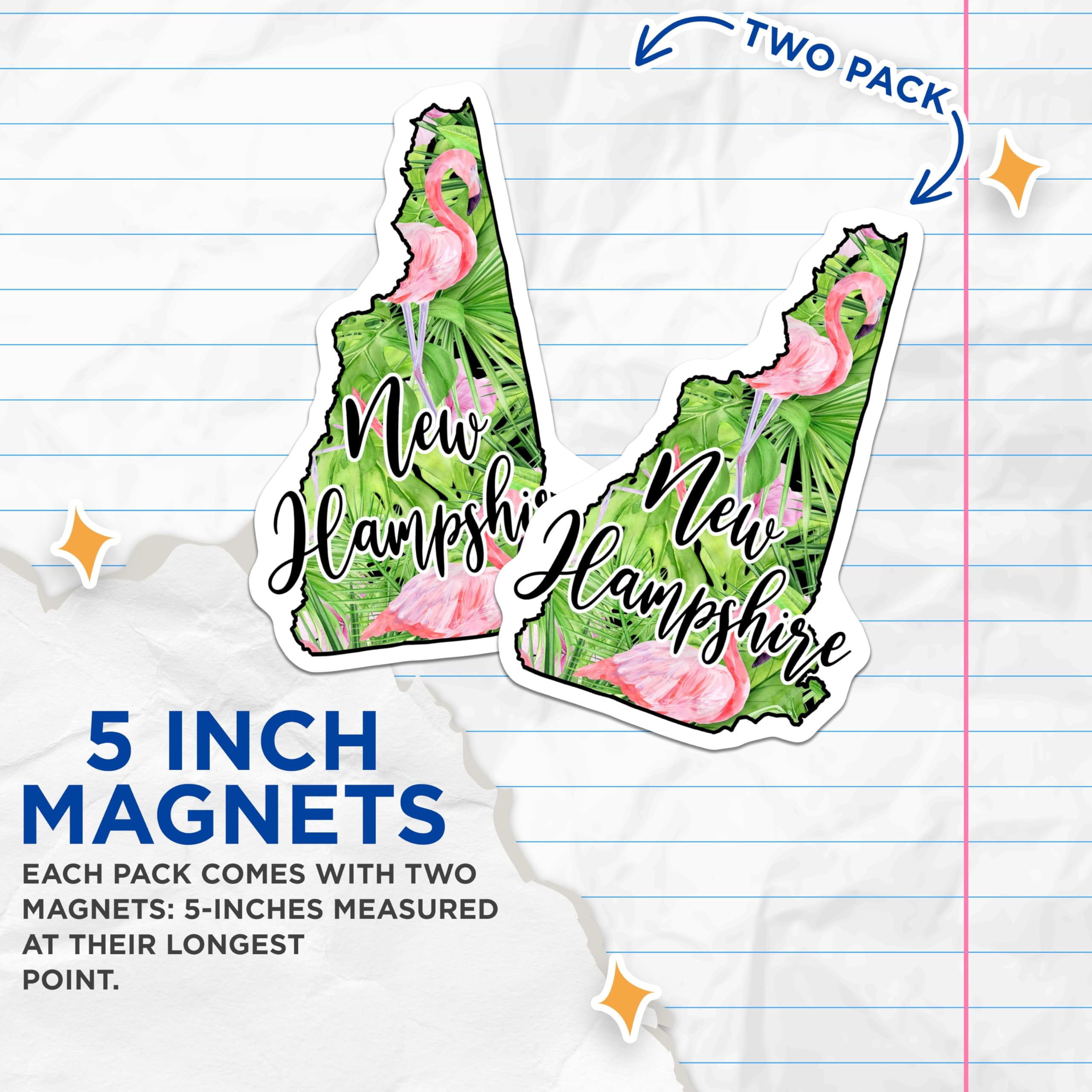 (2 Pack) New Hampshire Magnets - Flamingo Tropical Decor - State Souvenir Keepsake - 5 Inches On Longest Side - Thick Durable Magnet - Made in USA - MAG20912