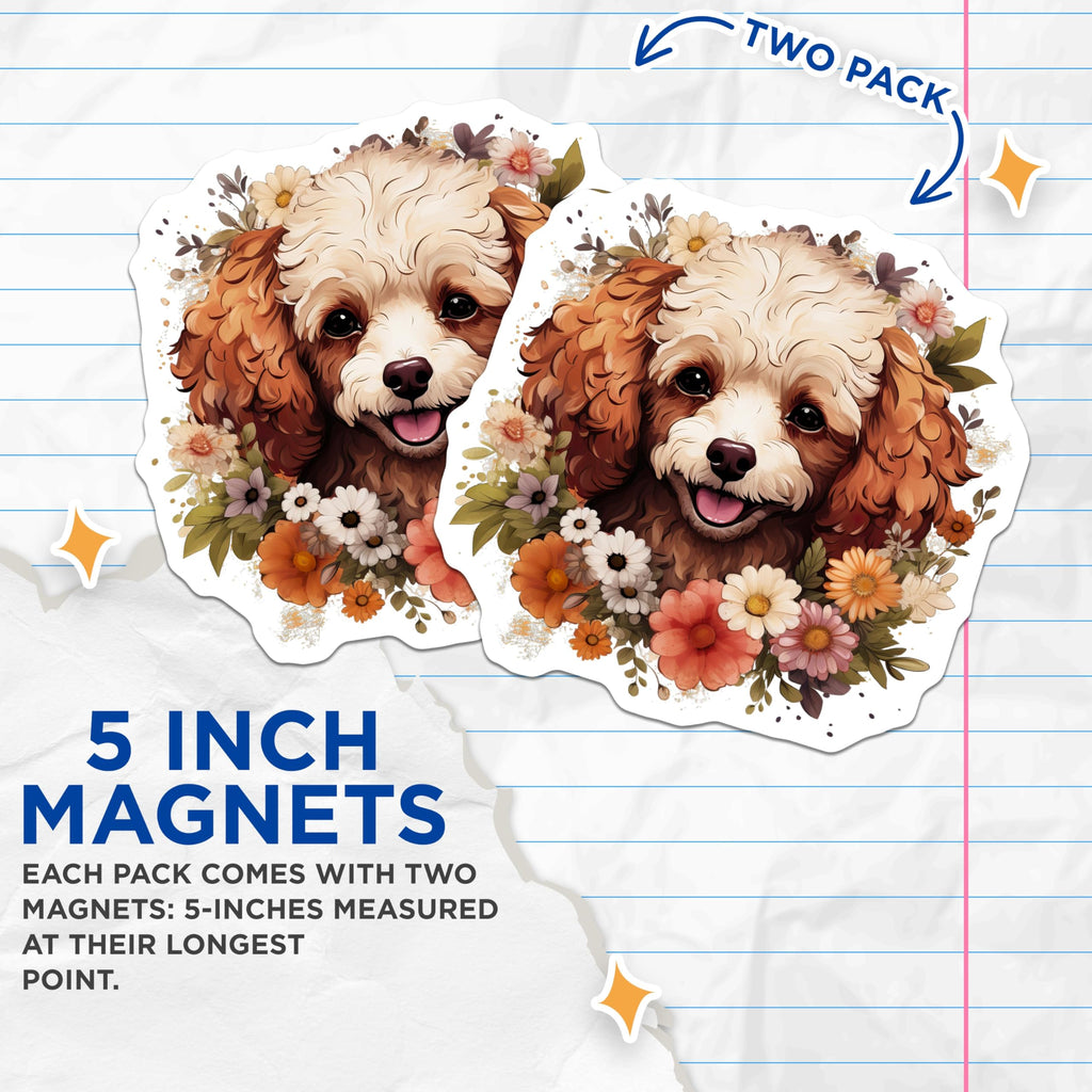 (2 Pack) Cute Poodle Dog Magnets - Floral Puppy Decor - Animal Lover Art - 5 Inches On Longest Side - Thick Durable Magnet - Made in USA - MAG29021