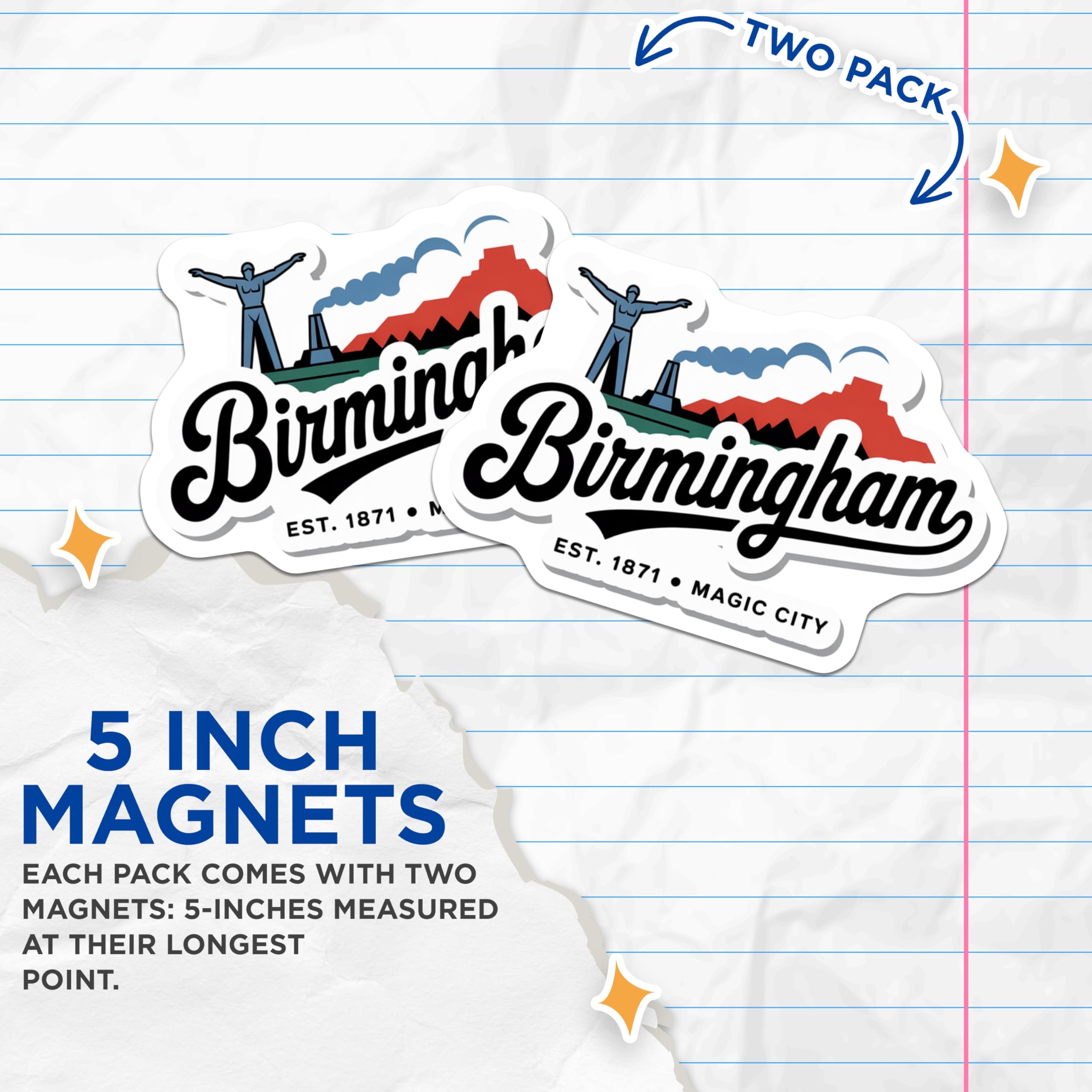 (2 Pack) Birmingham Alabama Magnets - Magic City Decor - Southern Souvenir Item - 5" On Longest Side - Premium Magnet - for Cars, Refrigerators, Toolboxes, Lockers - Made in USA - MAG17756
