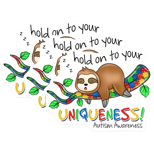 (3 Pack) Autism Awareness Decals - Sloth Uniqueness - Laptop Car Bumper Decals - 3 Inches On Longest Side - Easy Peel & Apply - Made in USA - 3MCS7979