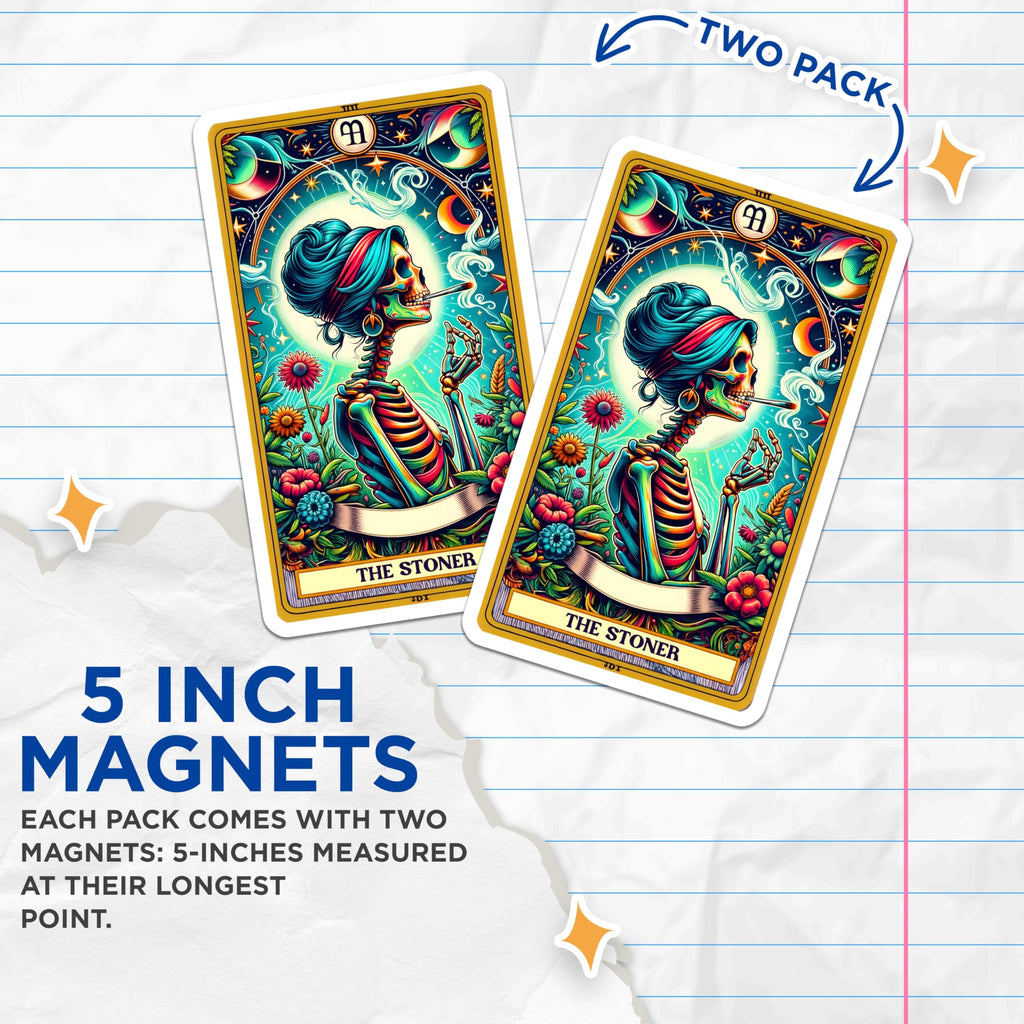 (2 Pack) Stoner Skeleton Magnets - Colorful Cannabis Tarot Card Art - Psychedelic Hippie Decor - Unique Fridge Magnet - 5 Inches On Longest Side - Thick Durable Magnet - Made in USA - MAG22422