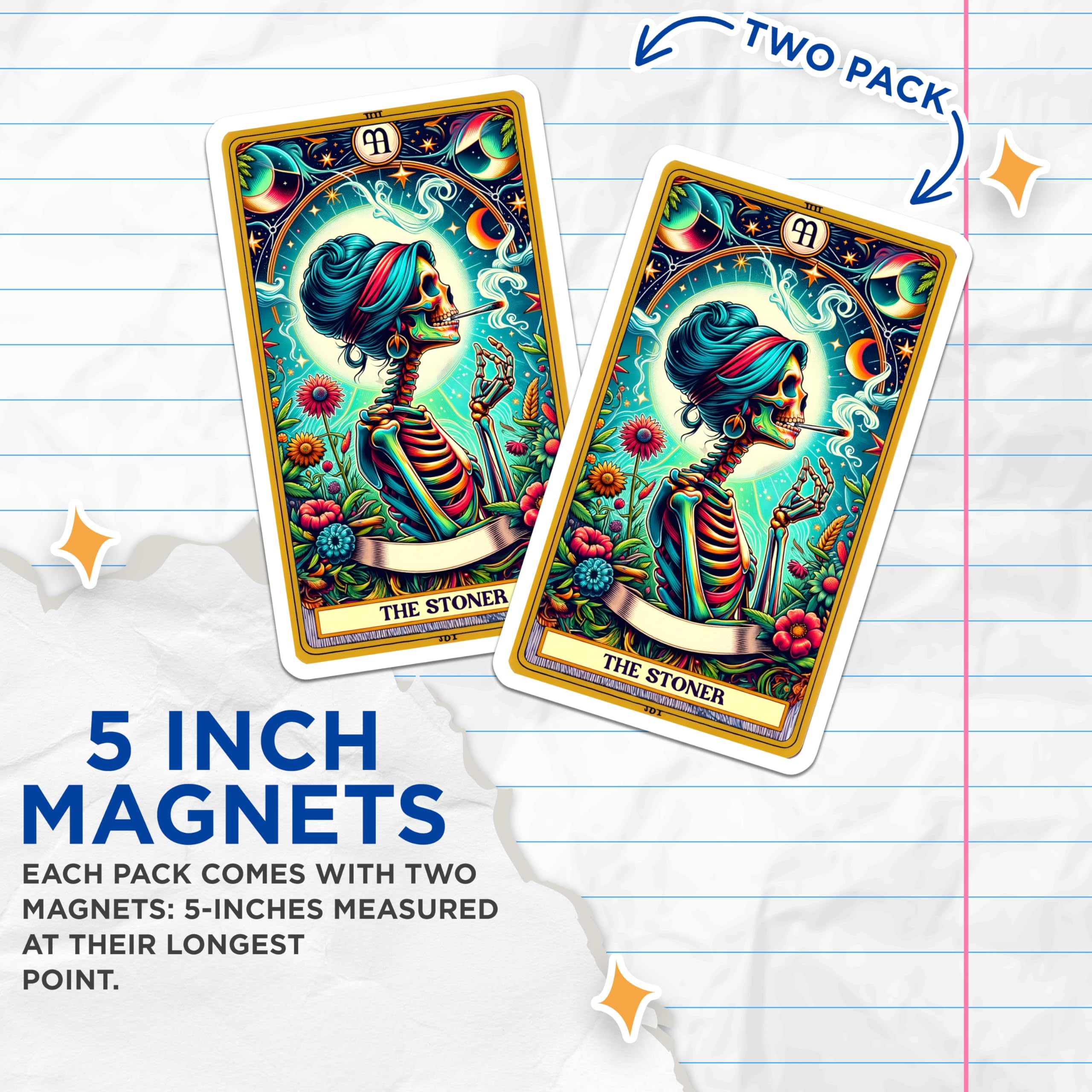 (2 Pack) Stoner Skeleton Magnets - Colorful Cannabis Tarot Card Art - Psychedelic Hippie Decor - Unique Fridge Magnet - 5 Inches On Longest Side - Thick Durable Magnet - Made in USA - MAG22422