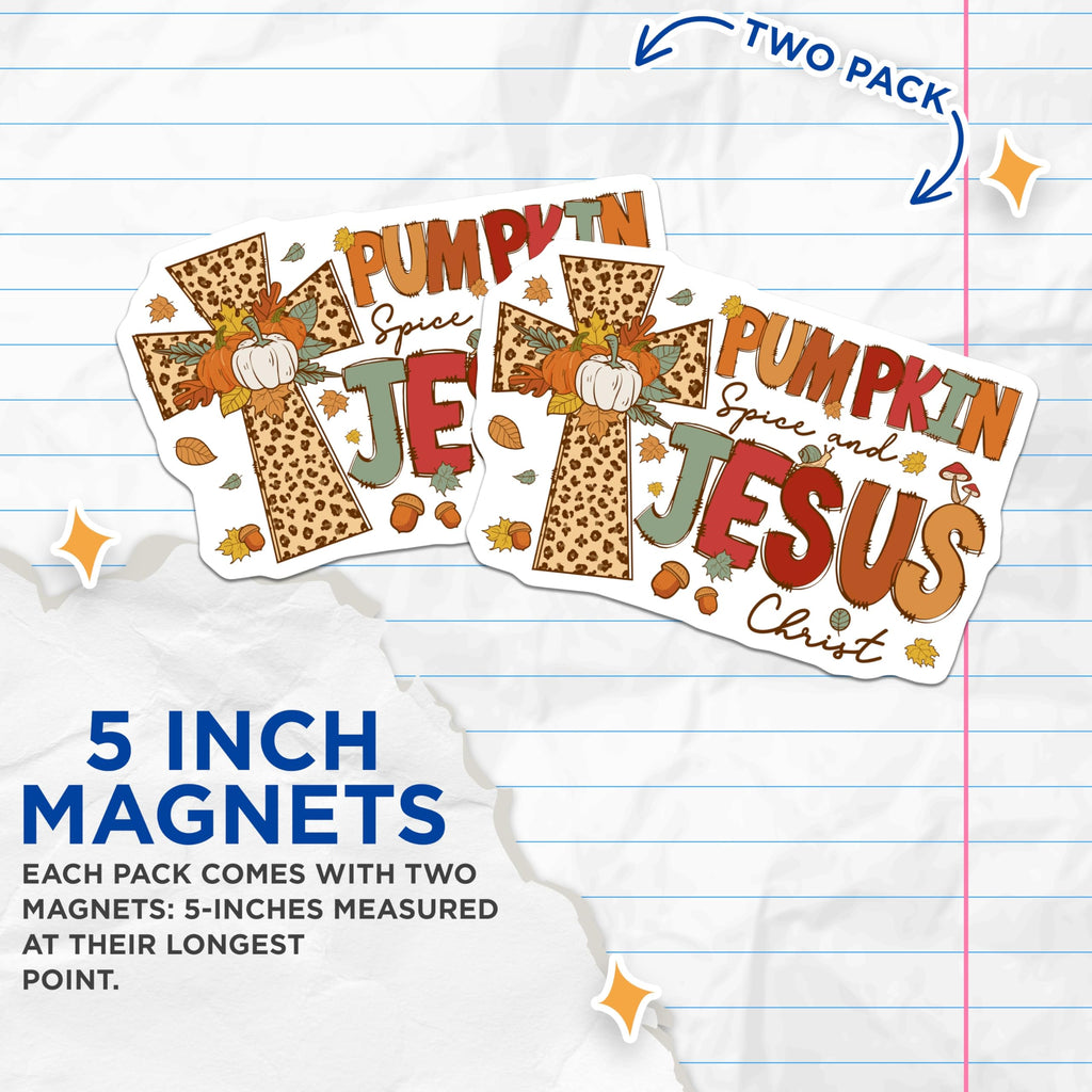 (2 Pack) Pumpkin Spice Jesus Magnets - Fall Christian Kitchen Decor - Autumn Faith Refrigerator Art - 5 Inches On Longest Side - Thick Durable Magnet - Made in USA - MAG23938