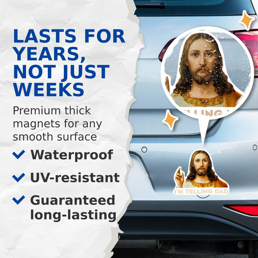 (2 Pack) I'm Telling Dad Magnets - Funny Jesus Christian Jokes - Religious Puns - 5" On Longest Side - Premium Magnet - for Cars, Refrigerators, Toolboxes, Lockers - Made in USA - MAG0522