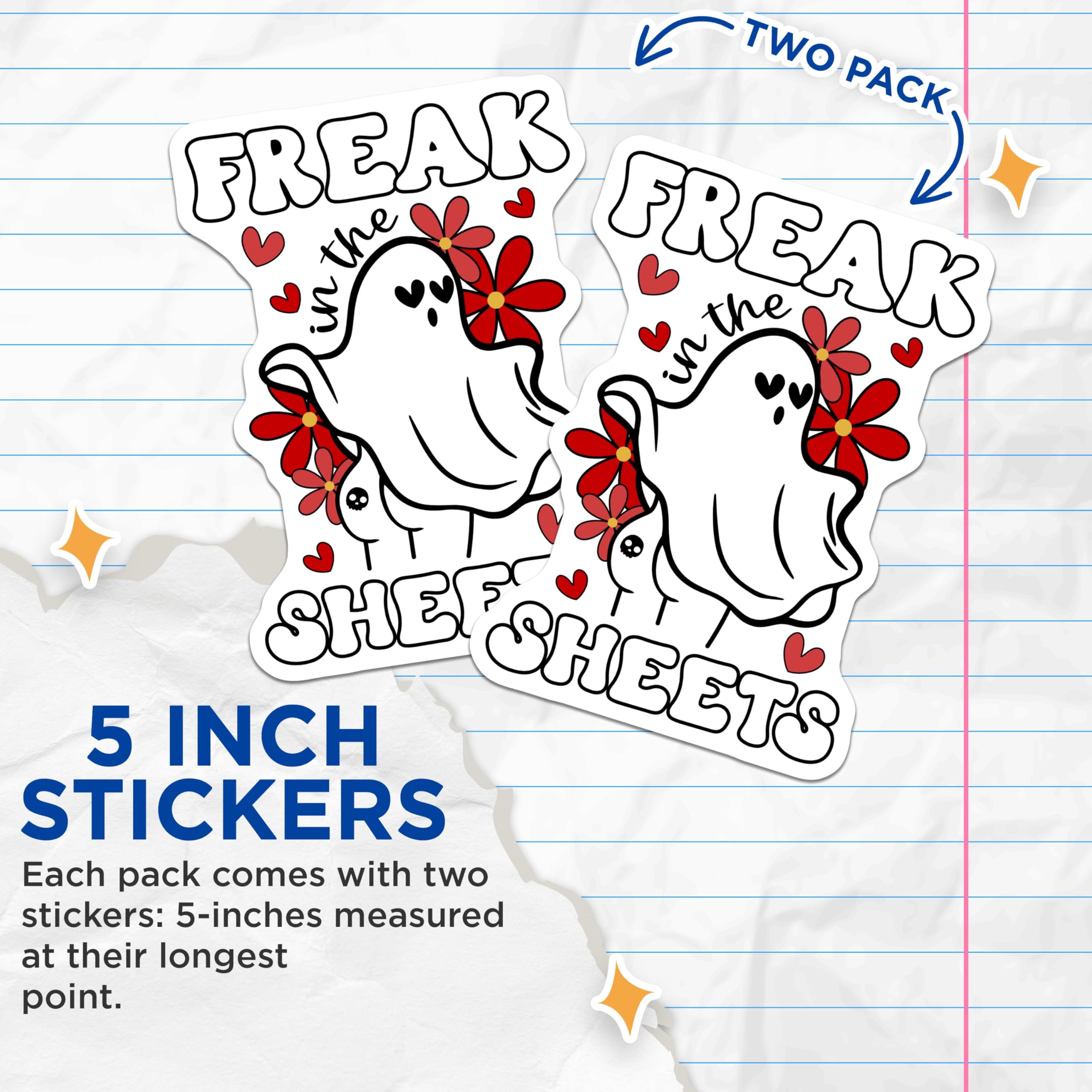 (2 Pack) Freak in The Sheets Stickers - Halloween Ghost Stickers - Funny Halloween Stickers - 5" On Longest Side - Sticks to Any Smooth Flat Surface - Made in USA - BMCS3383