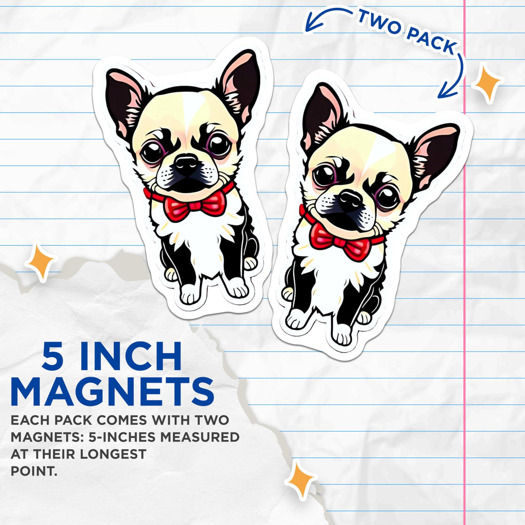 (2 Pack) Chihuahua Magnets - Adorable Puppy Pet Lover Decor - Cute Bowtie Dog Refrigerator Accessory - Canine Enthusiast Item - 5 Inches On Longest Side - Thick Durable Magnet - Made in USA - MAG21313