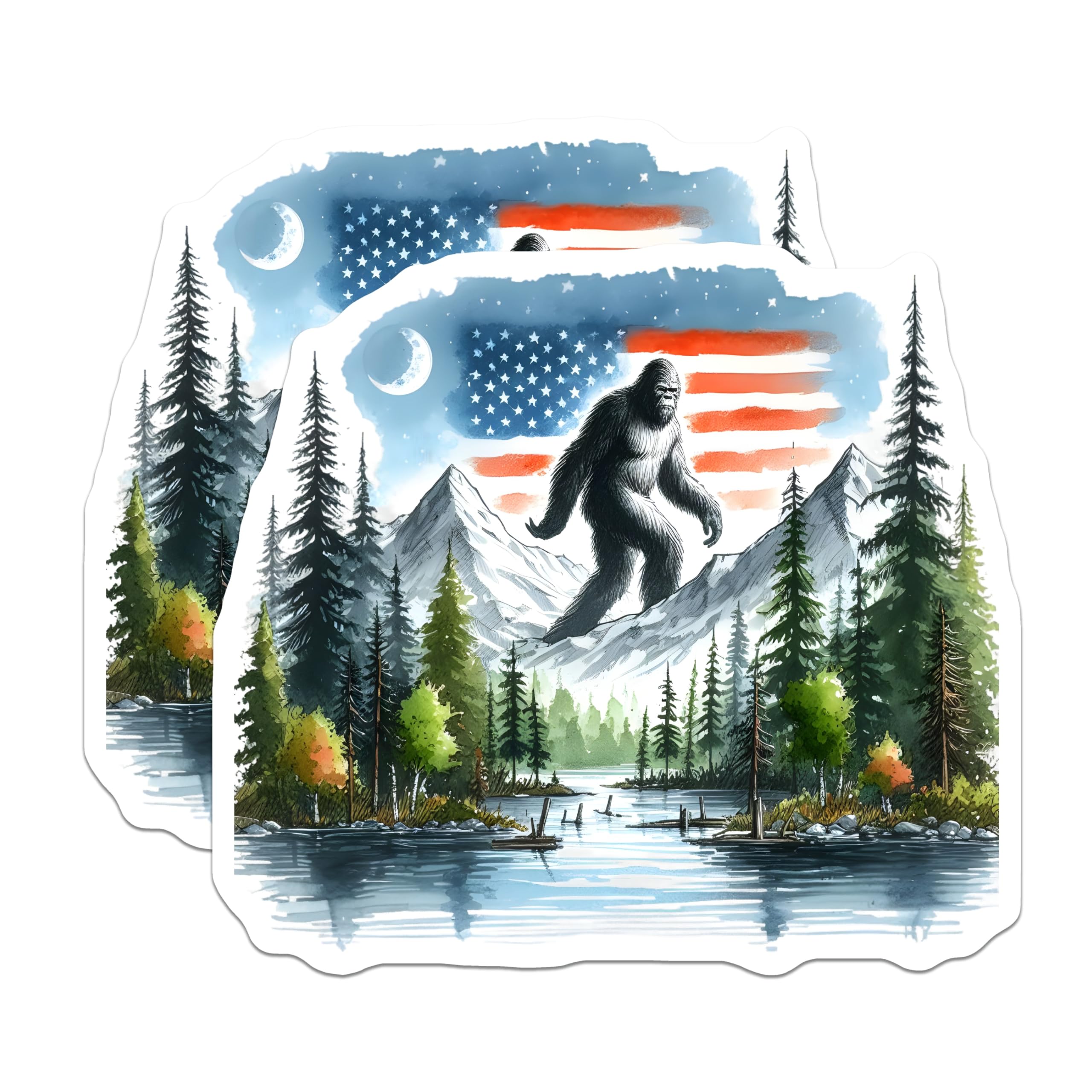 (2 Pack) Bigfoot Magnets - American Flag Mountains Sasquatch Art - Forest Lake Wilderness Nature Scene Refrigerator Magnets - 5 Inches On Longest Side - Thick Durable Magnet - Made in USA - MAG23021