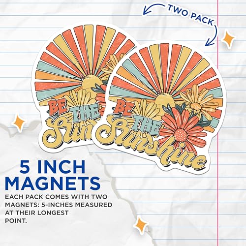 (2 Pack) Be The Sunshine Magnets - Inspirational Flower Magnets - Retro Sunshine Quote Magnets - 5" On Longest Side - for Cars, Refrigerators, Toolboxes, Lockers - Made in USA BMCS3326