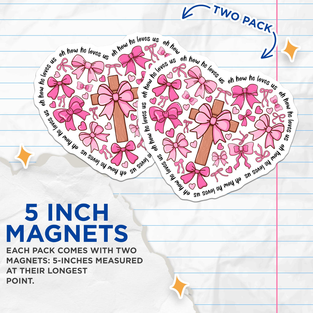 (2 Pack) Christian Cross Magnets - Inspirational Bow Design Magnets - Heart Shaped Faith Magnets - 5" On Longest Side - for Cars, Refrigerators, Toolboxes, Lockers - Made in USA BMCS3485