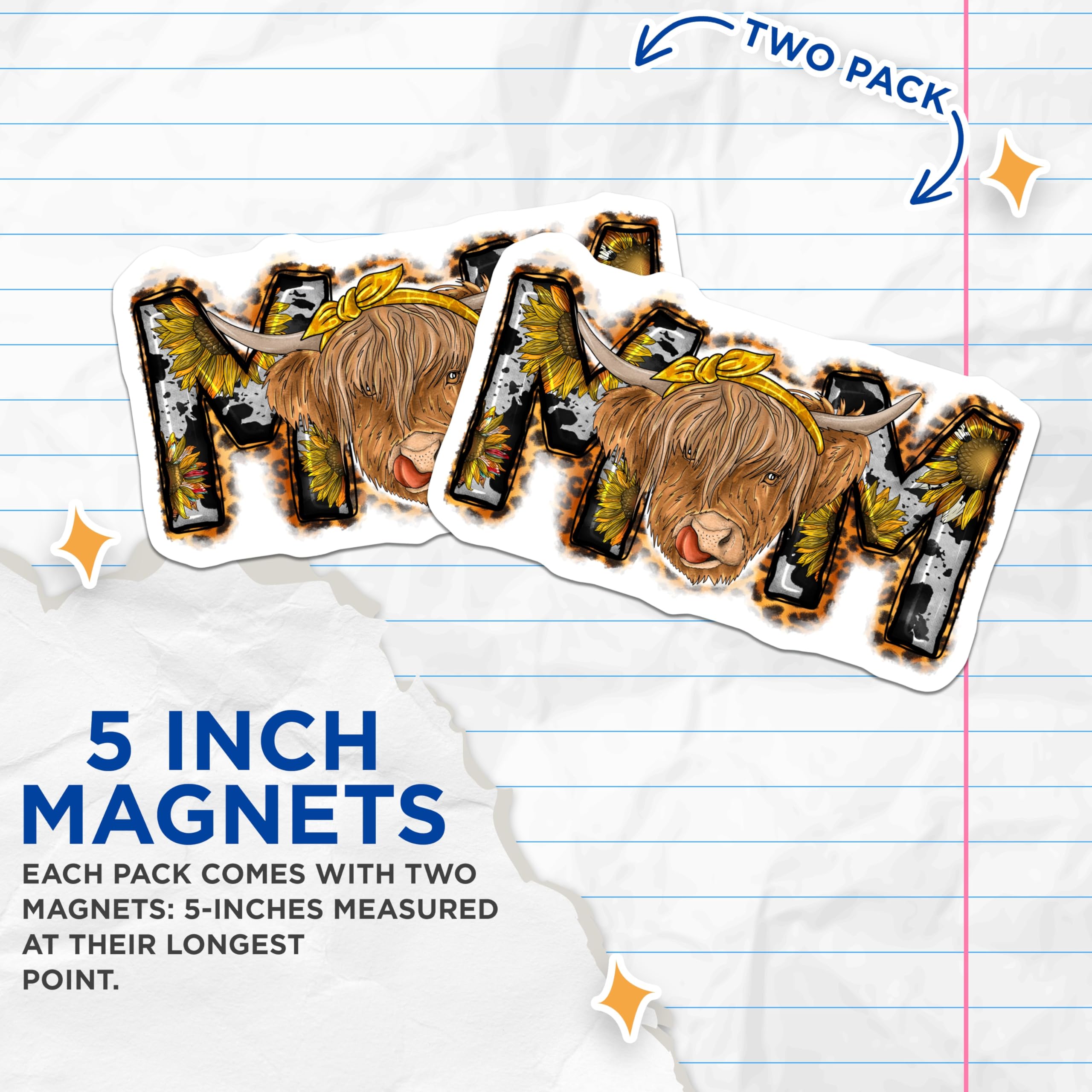 (2 Pack) Highland Cow Mom Magnets - Funny Country Farmhouse Fridge - Sunflower Bandana Leopard Print Accessory - 5 Inches On Longest Side - Thick Durable Magnet - Made in USA - MAG23749