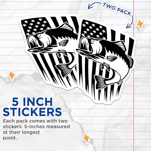 (2 Pack) Bass Fishing Stickers - American Flag Fish Decals - Patriotic Fishing Sticker for Anglers - 5" On Longest Side - Sticks to Smooth Flat Surfaces - Made in USA - BMCS3993