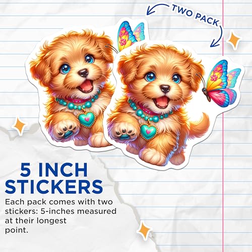 (2 Pack) Cute Puppy and Butterfly Stickers - Adorable Dog - Colorful Butterfly Design - 5" On Longest Side - Sticks to Smooth Flat Surfaces - Made in USA - BMCS9603