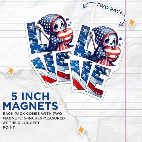 (2 Pack) Love Patriotic Magnets - Grim Reaper Heart - American Pride - 5" On Longest Side - for Cars, Fridges, Toolboxes - Made in USA - MAG7916