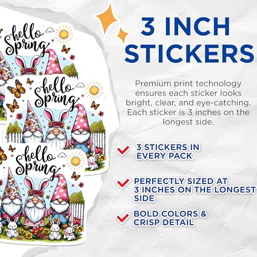 (3 Pack) Spring Gnomes Decals - Bunny Rabbit - Seasonal Stickers - 3 Inches On Longest Side - Easy Peel & Apply - Made in USA - 3MCS6762