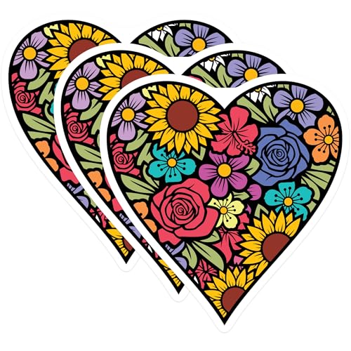 (3 Pack) Floral Heart Decals - Flower Laptop Decal - Botanical Stickers - 3 Inches On Longest Side - Easy Peel & Apply - Made in USA - 3MCS4842