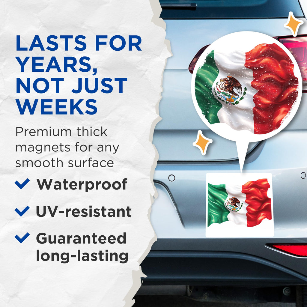 (2 Pack) Mexican Flag Magnets - National Emblem Decor - Patriotic Refrigerator Art - Mexico Pride Souvenirs - 5 Inches On Longest Side - Thick Durable Magnet - Made in USA - MAG29240