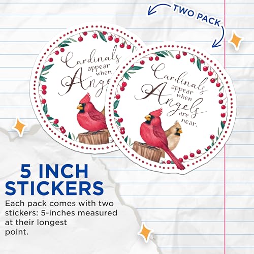 (2 Pack) Cardinals Appear When Angels are Near Stickers - Inspirational Bird Decal - Memorial Vinyl Sticker - 5" On Longest Side - Sticks to Smooth Flat Surfaces - Made in USA - BMCS8630