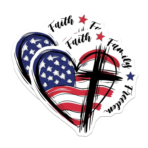 (2 Pack) Faith Family Freedom Stickers - American Flag Heart - Patriotic Cross - 5" On Longest Side - Sticks to Smooth Flat Surfaces - Made in USA - BMCS8375