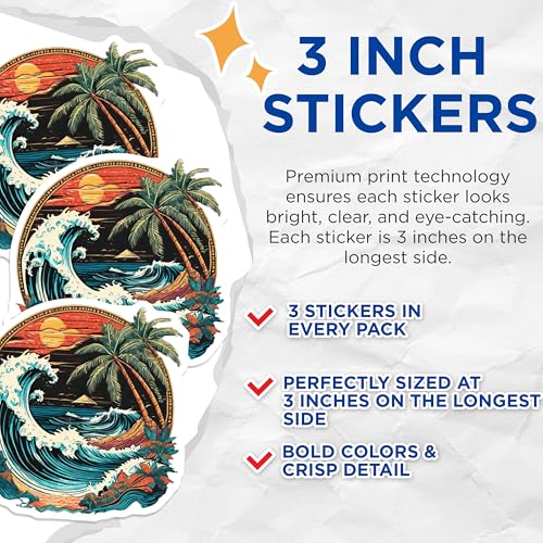 (3 Pack) Tropical Beach Decals - Sunset Palm Tree - Ocean Wave Stickers - 3 Inches On Longest Side - Easy Peel & Apply - Made in USA - 3MCS8016