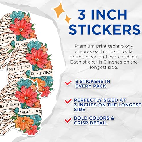 (3 Pack) Inhale Peace Decals - Exhale Chaos Decal - Floral Rib Cage Decal - 3 Inches On Longest Side - Easy Peel & Apply - Made in USA - 3MCS1790