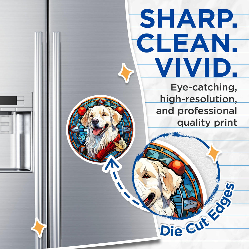 (2 Pack) Golden Retriever Magnets - Stained Glass Dog Art - Happy Canine Decor - Autumn Pet Lover Refrigerator Accessory - 5 Inches On Longest Side - Thick Durable Magnet - Made in USA - MAG24742