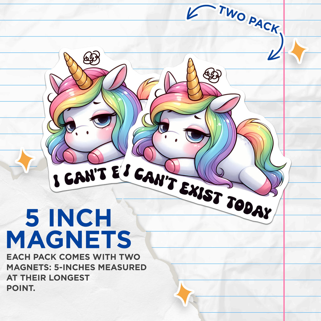 (2 Pack) I Can't Exist Today Unicorn Magnets - Funny Introvert Meme - Sarcastic Quote Decor - Rainbow Fantasy Art - 5 Inches On Longest Side - Thick Durable Magnet - Made in USA - MAG36050