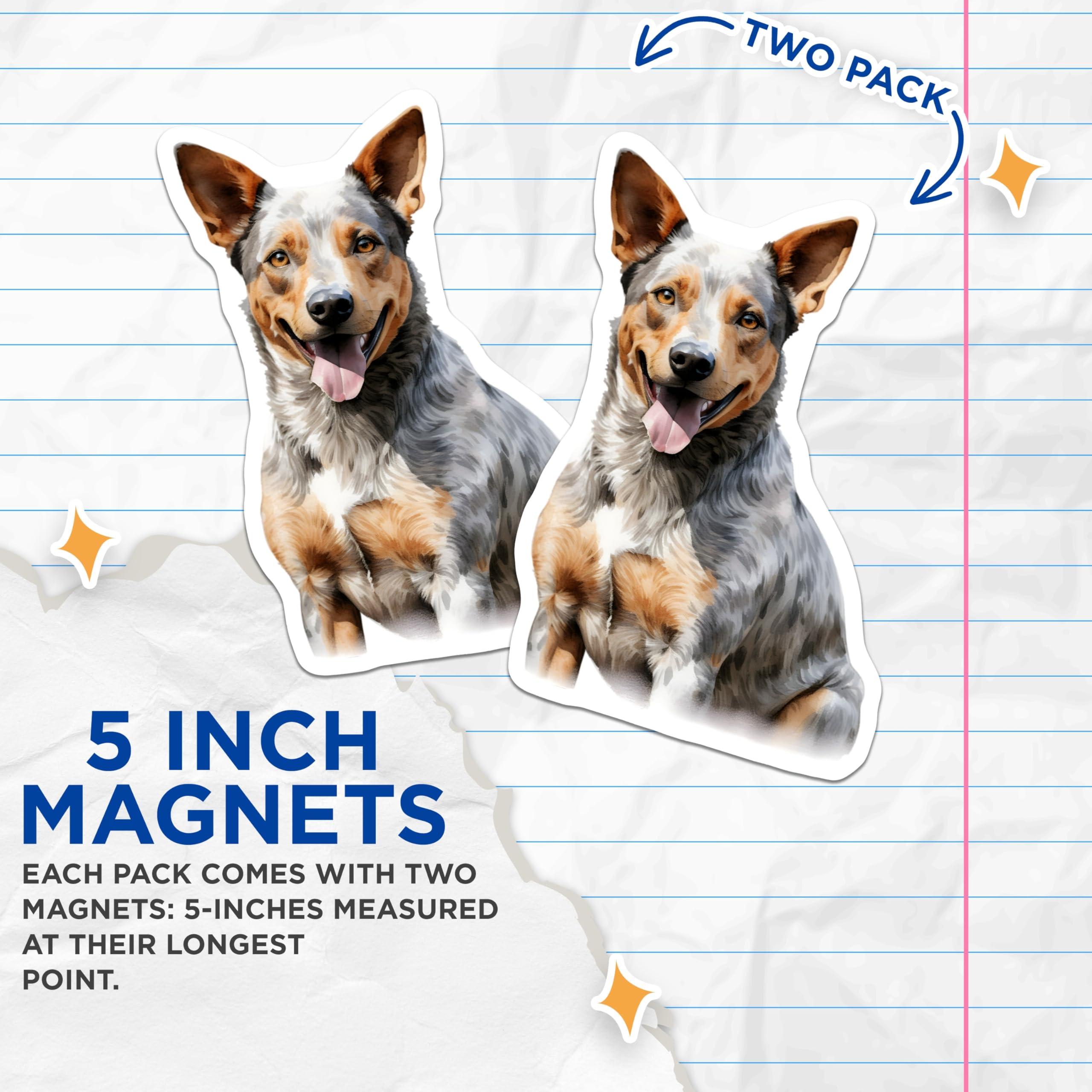 (2 Pack) Blue Heeler Magnets - Australian Cattle Dog Decor - Dog Mom Fridge Art - Pet Lover Refrigerator Magnets - 5 Inches On Longest Side - Thick Durable Magnet - Made in USA - MAG30046