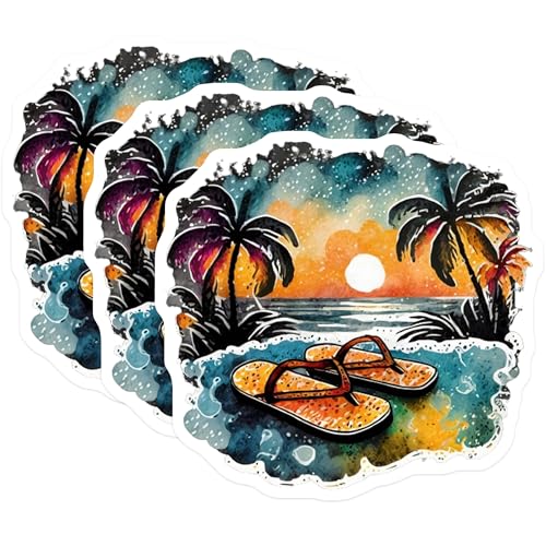 (3 Pack) Beach Scene Decals - Flip Flops Decor - Palm Tree Stickers - 3 Inches On Longest Side - Easy Peel & Apply - Made in USA - 3MCS8089