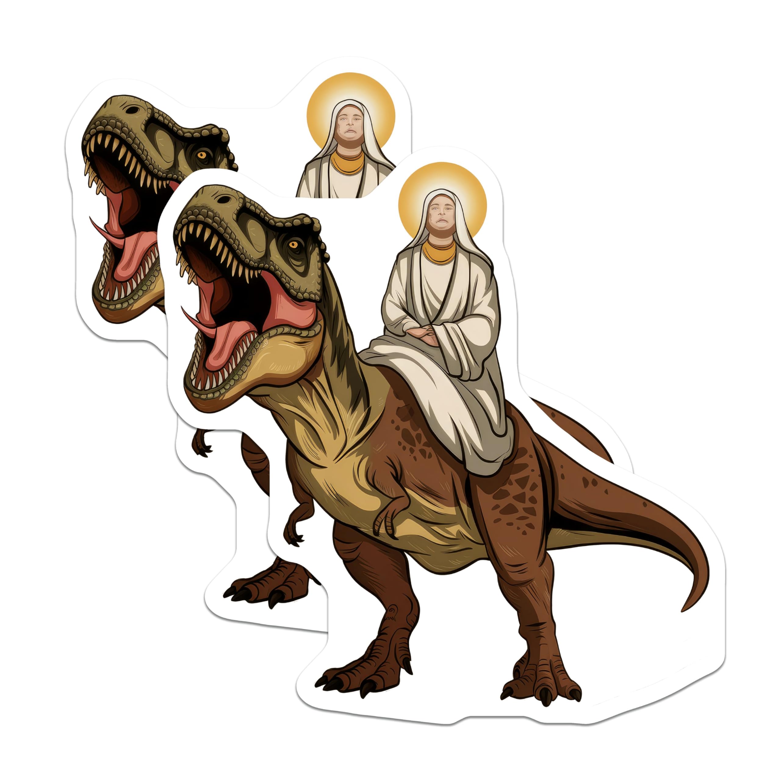 (2 Pack) Dinosaur Riding Nun Stickers - Funny Religious - Unique Vinyl Decal - 5" On Longest Side - Sticks to Smooth Flat Surfaces - Made in USA - BMCS9561
