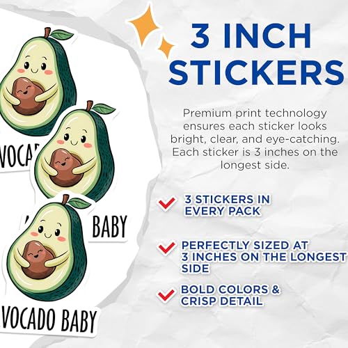 (3 Pack) Avocado Baby Decals - Cute Fruit Stickers - Laptop Decal - 3 Inches On Longest Side - Easy Peel & Apply - Made in USA - 3MCS7140