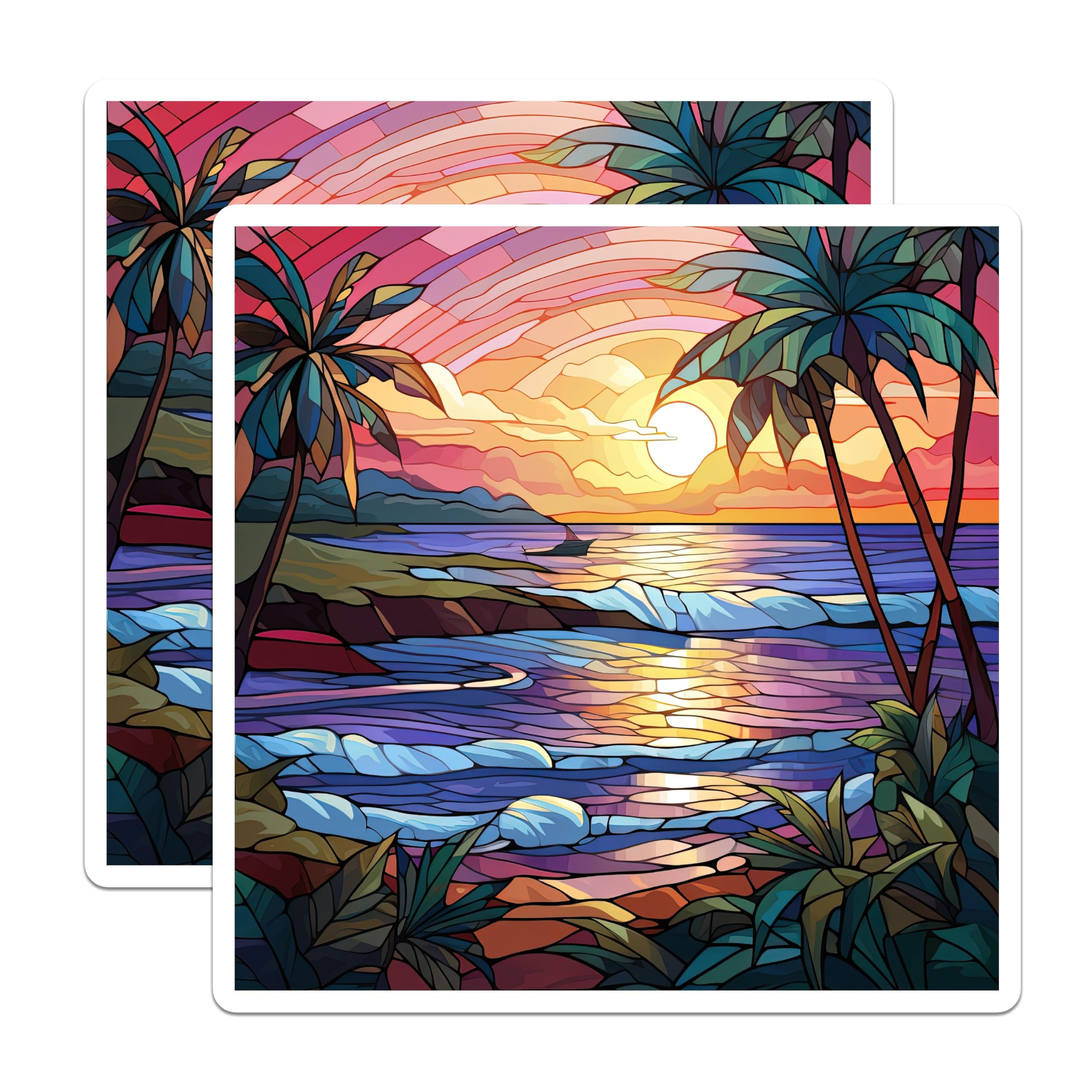 (2 Pack) Stained Glass Sunset Magnets - Tropical Beach Scene - Palm Tree Ocean Art - 5 Inches On Longest Side - Thick Durable Magnet - Made in USA - MAG23924