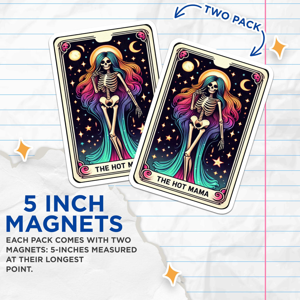 (2 Pack) Hot Mama Skeleton Magnets - Rainbow Hair Tarot Card - Celestial Witchy Mom Decor - 5 Inches On Longest Side - Thick Durable Magnet - Made in USA - MAG27225