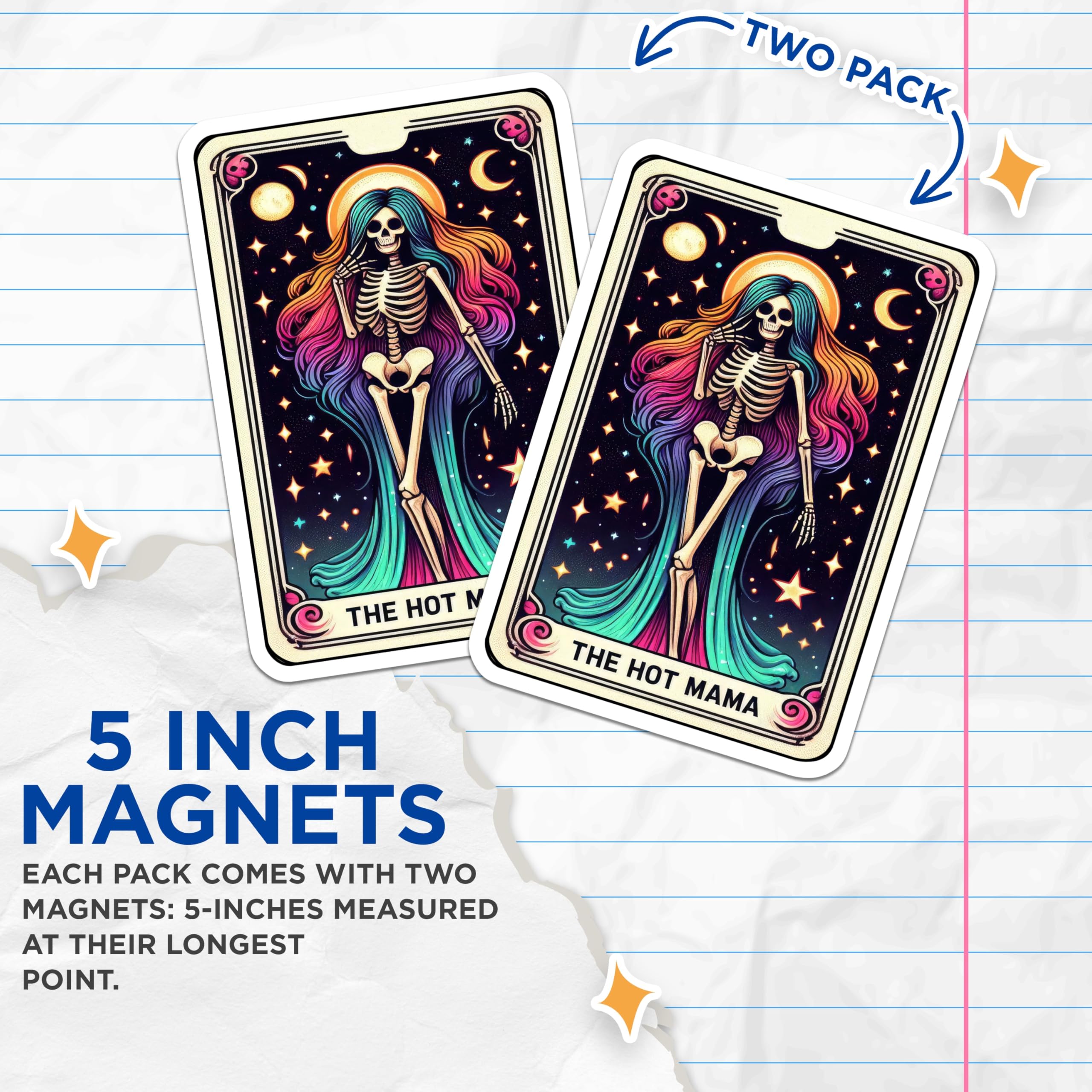 (2 Pack) Hot Mama Skeleton Magnets - Rainbow Hair Tarot Card - Celestial Witchy Mom Decor - 5 Inches On Longest Side - Thick Durable Magnet - Made in USA - MAG27225