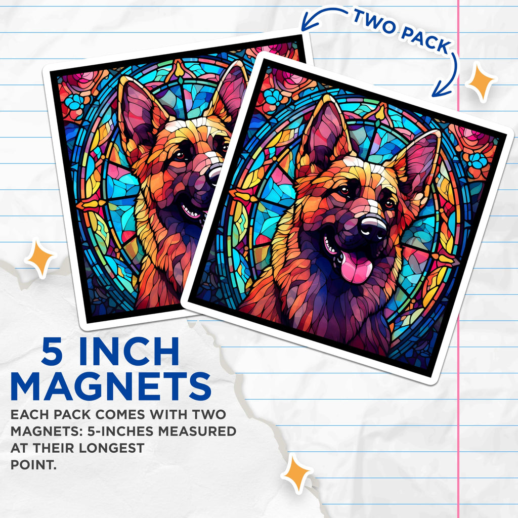 (2 Pack) German Shepherd Magnets - Stained Glass Style - Dog Breed Home Decor - 5" On Longest Side - Premium Magnet - for Cars, Refrigerators, Toolboxes, Lockers - Made in USA - MAG14214